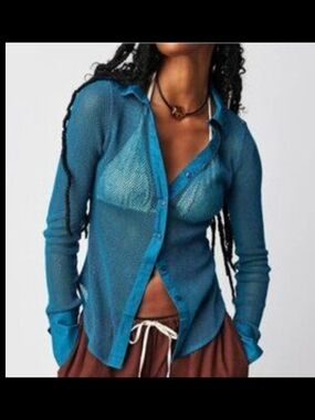 Free People Sheer Mesh Button-Up Top - Breezy Teal